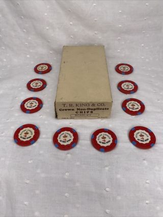 Set Of 10 Vintage 1965 $5 Scarlet Poker Chip Kings Crown Tr King & Co