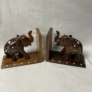 Vintage Pair Carved Wooden Elephant Bookends Complete With Inlays And Tusks