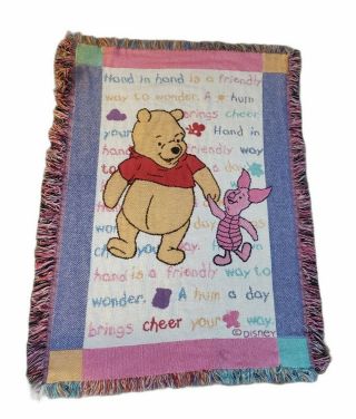 Vintage Disney Winnie The Pooh Piglet Fringed Woven Tapestry Throw Blanket