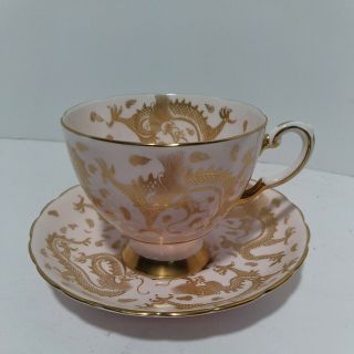 Vintage Tuscan Fine China Tea Cup Saucer Set Gold Dragon Transfer Pink Gold Trim