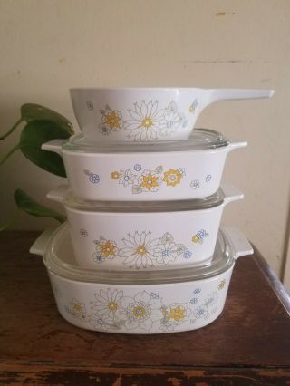 Vintage - 4 Piece Corningware Set W/lids - Floral Bouquet " Daisy " - 1970 - 1975