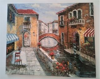 Vintage Oil on Canvas Art Painting - Impressionist Venice Waterfront - 20 