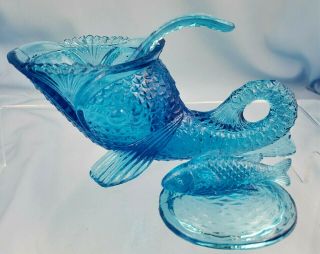Dolphin Vintage Covered Candy Dish Teal Blue Spoon Caviar Fish Open Mouth