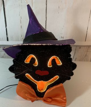 Vintage Dept 56 Halloween " Black Cat Head " Color Changing Fiber Optic 36902