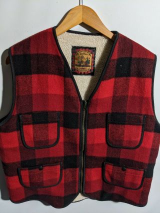 Vintage Lumberjack Woolrich Red Black Plaid Wool Sherpa Lined Vest - Mens Large