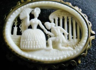 Vintage Creations Maloupa Classical Romantic Scene Pin Celluloid Man Woman Fan