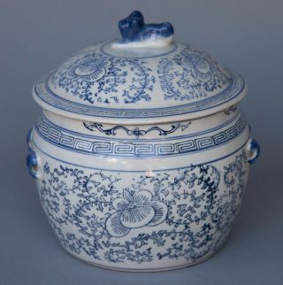 Vintage Antique Chinese Blue & White Twisted Lotus Rice Ginger Jar & Lid Foo Dog