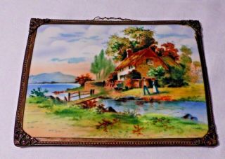 Vintage Small 5 " Painting On Porcelain Of A House - Lake & Landscape Scene