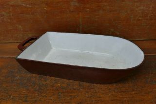 Vintage Cast Iron Brown/white Enamel Roasting Baking Pan W/ Handle & Pour Spout