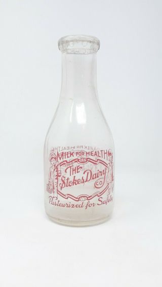 Vintage Stokes Dairy Co Milk For Health Glass Advertising Jug Pasteurized Ohio