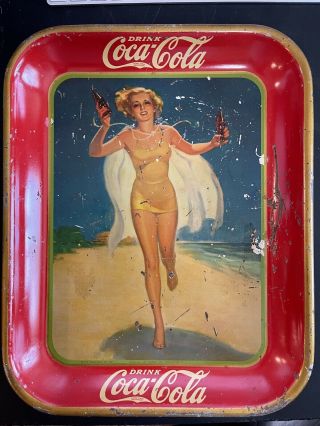 Vintage 1937 Coca Cola Advertising Tray Running Girl In Yellow Bathing Suit