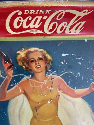 VINTAGE 1937 COCA COLA ADVERTISING TRAY RUNNING GIRL IN YELLOW BATHING SUIT 2