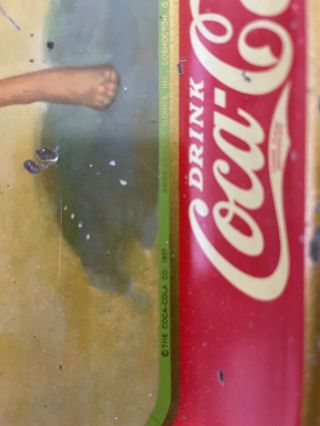 VINTAGE 1937 COCA COLA ADVERTISING TRAY RUNNING GIRL IN YELLOW BATHING SUIT 3