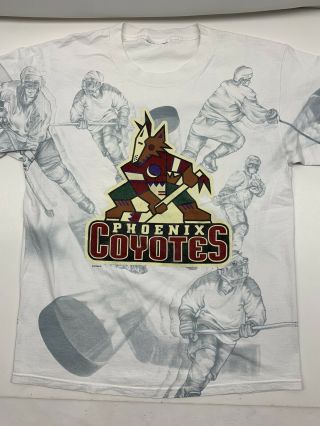 Rare Vintage 90s Phoenix Coyotes Kachina Goalie Graphic T Shirt All Over Print