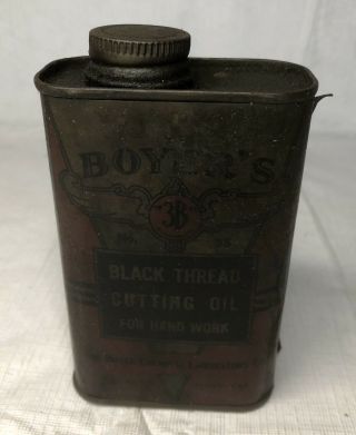 Rare Antique Vintage Boyer’s Black Thread Cutting Oil For Hand Work Tin Can 3b
