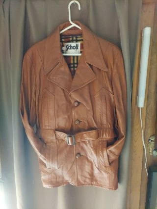 Vintage 70s Schott Nyc Disco Leather Jacket Brown Long Belted Lined Men Large 44