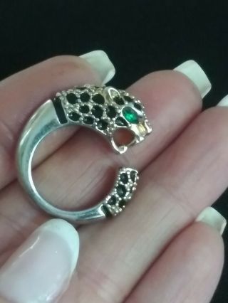 Vtg.  Sterling Silver 925 Cheetah Tiger Emerald Eyed Ring Sz6