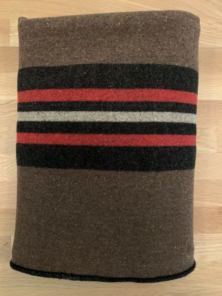 Vintage 100 Wool Blanket Camp Stadium Throw Brown Red Striped USA 51 x 72 