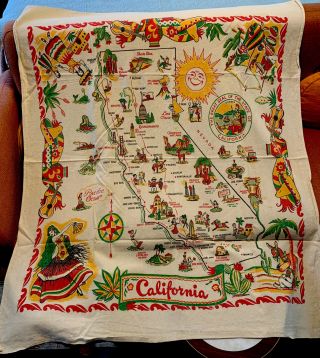 Vintage Mid Century California State Souvenir Tablecloth,  Pre Disney,  Gorgeous
