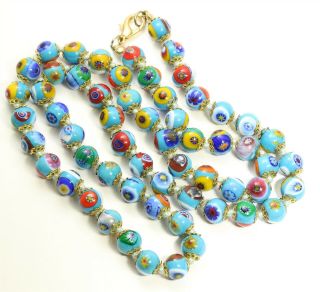 Vintage Ornate Venetian Murano Hand Knotted Blue Millefiori Glass Bead Necklace