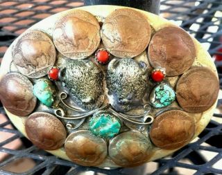 Vintage Native American Silver Belt Buckle Buffalo Nickels Coral Turquoise