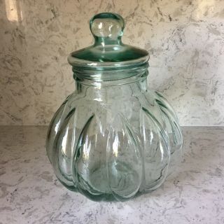 Vintage Heavy Green Glass Pumpkin Shaped Apothecary Jar W/ Lid 12” Made In Italy