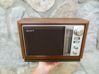Minty Sony Icf - 9740w Vintage Am Fm Radio Wood Grain Mid Century Modern