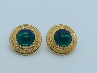 Vintage Trifari Gold Tone Green Lucite Cabochon Pierced Earrings