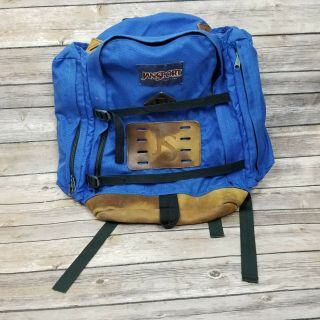 Vintage 90s Jansport Leather Bottom Backpack Day Pack Bag Hiking Usa Blue