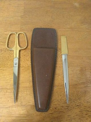 Vintage Leather Desk Scissor And Letter Opener Set Made In Italy