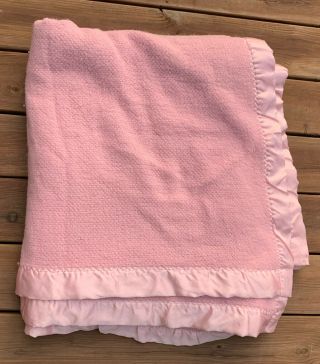 Vintage Acrylic Blanket Waffle Weave Satin Trim Pink Rose 96” x 90 