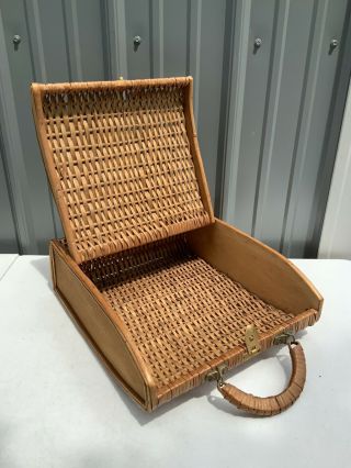 Vintage Rattan Wicker 3 Bottle Wine Holder Carrier Suitcase Picnic Basket Mcm