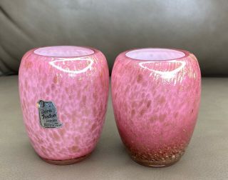 Pair Vintage Mid - Century Murano Italian Pink & Aventurine Gold Fleck Bud Vases