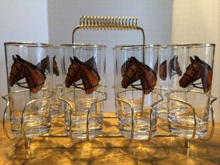 8 Vtg Horse Drinking Glasses In Gold Caddy,  Mid Century,  Perfect