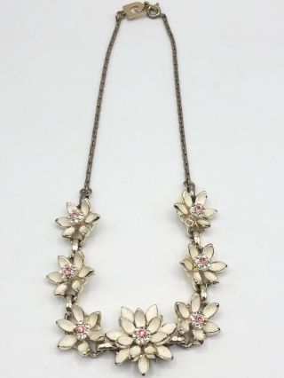 Vintage White Enamel Flower Floral Chain Pink Rhinestone Gold Necklace