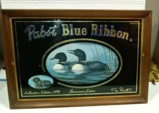 Vintage 1991 Pabst Blue Ribbon Bar Mirror Common Loon By Terry Dougthy