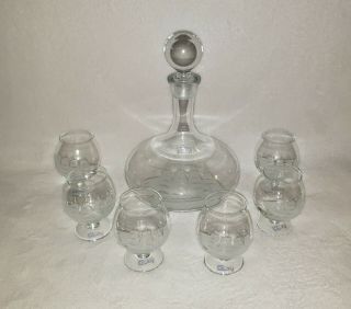 Vintage Toscany Etched Glass Clipper Ship Decanter With 6 Glasses