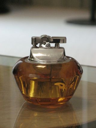 Vtg.  VIKING Cut Glass Amber color Table Top Cigarette Lighter 2.  75 