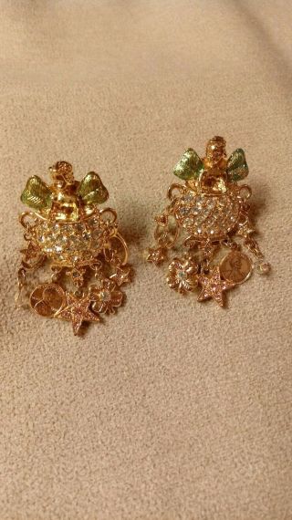Vintage Kirks Folly Gold - Toned Cherub With Pot Of Gold Charm Earrings