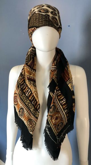 Vintage Coreen Simpson Black Cameo African Inspired Geometric Wrap Scarf 45x45”