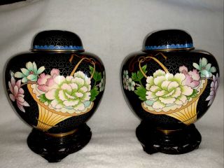 Vintage Chinese Cloisonné Pair Jar/vase With Lid Brass Black Enamel Wood Stand