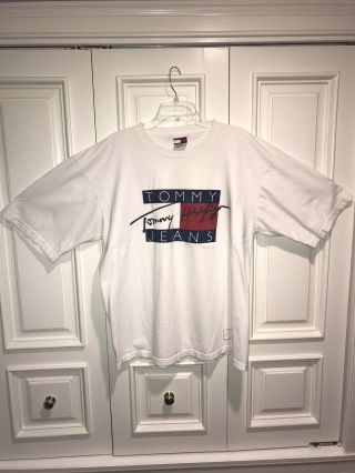 90’s Vintage Tommy Jeans Men’s White Spell Out Signature Flag T Shirt Size 2xl