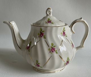 Vintage Sadler Teapot England Swirl Pattern Pink Roses Gold Trim Euc