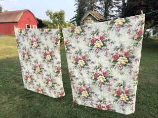 Pair Vintage Bark Cloth Curtains Drapes Orchids Tropical Flowers Lined