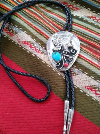 Vintage Bolo Tie Eagle Turquoise Coral Silver Black Leather Braided Cord