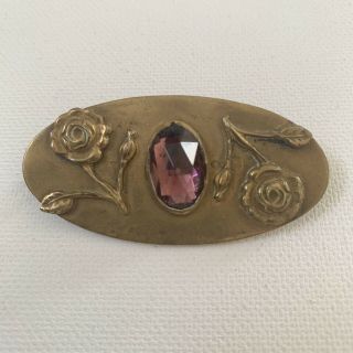 Antique Victorian Brass Sash Pin Brooch Purple Amethyst Glass Stone Rose C Catch