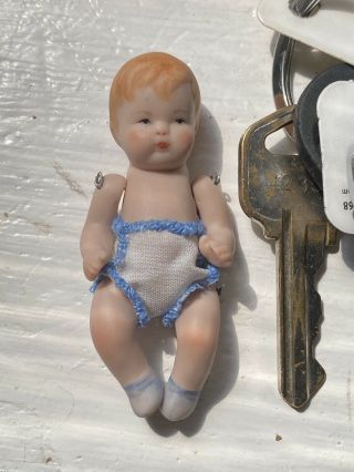 Antique Bisque Porcelain Miniature Baby Boy Jointed Doll Signed B Linen Diaper