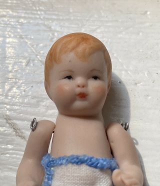 Antique Bisque Porcelain Miniature Baby Boy Jointed Doll Signed B Linen Diaper 2