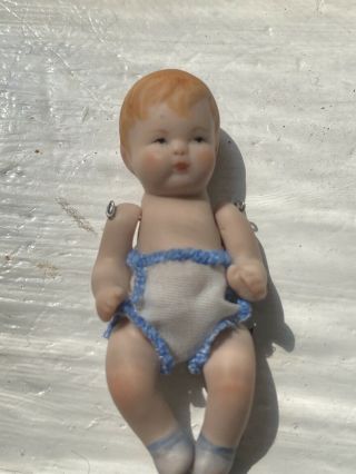 Antique Bisque Porcelain Miniature Baby Boy Jointed Doll Signed B Linen Diaper 3