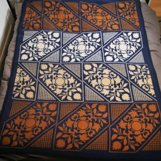 Vintage Biederlack Blanket Usa Navy Blue Rust Floral Folk Art Reversible 72 X 57